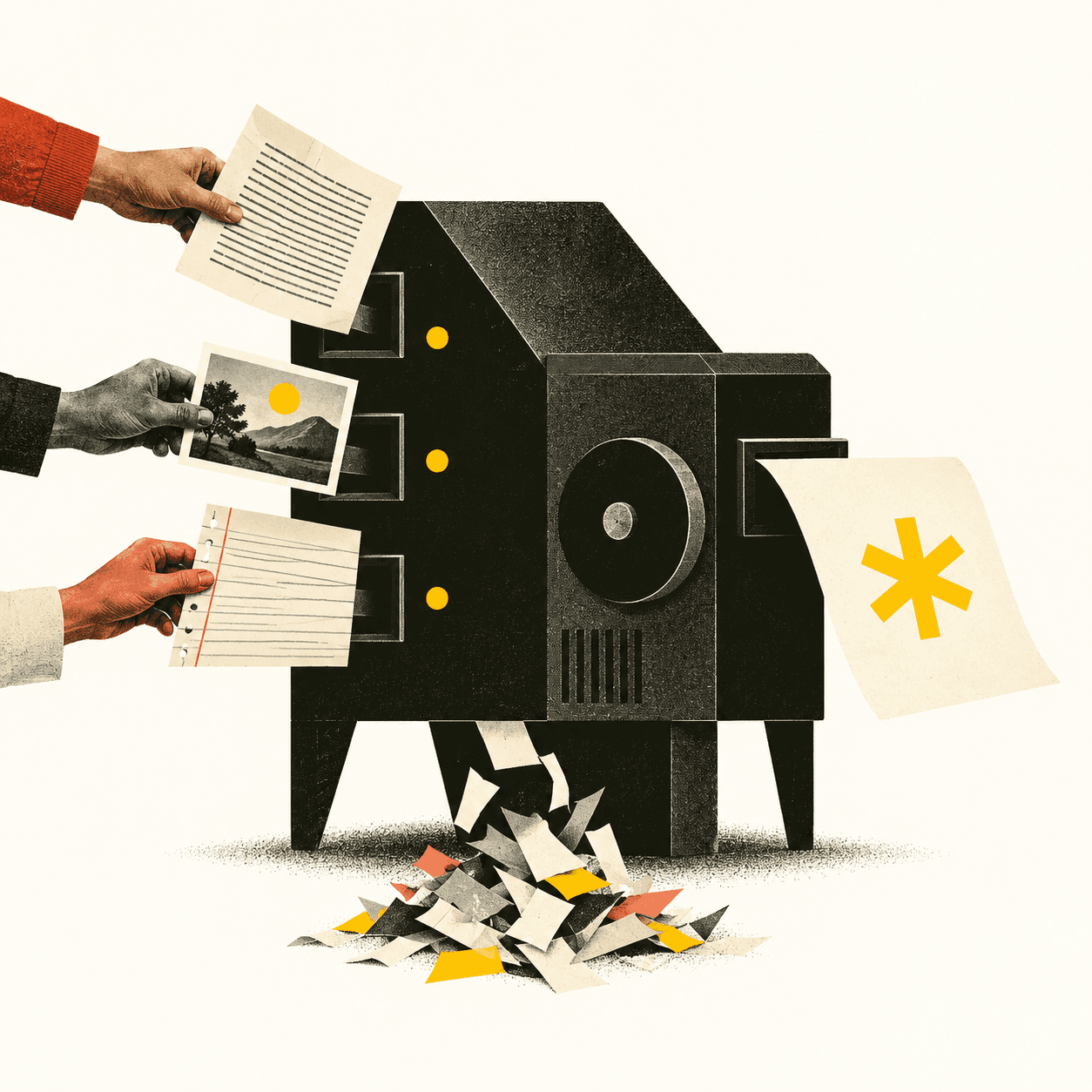 Human hands feed original work into a machine that produces a polished page.